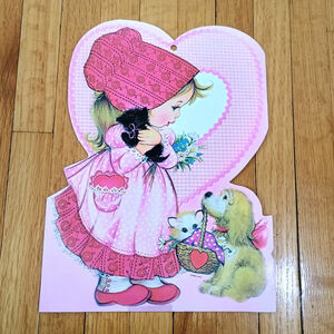 Vintage Eureka Valentines Day Die Cut Girl W/ Cat & Dog Hearts Decor 11"